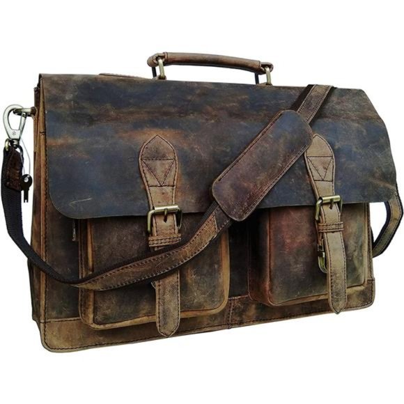 16 Inch Retro Buffalo Hunter Leather Laptop Messenger Bag Office Briefcase
